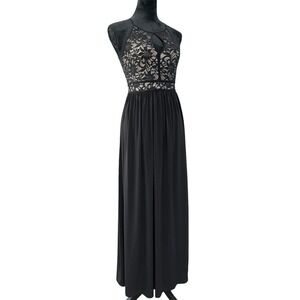 Vtg Y2K Candalite Formal Maxi Dress Sz S Black Mesh Lace Bodice Sequins Prom